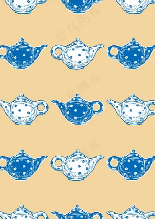 复古蓝色调 茶壶手绘