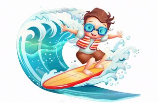 冲浪的少年男孩浪花运动卡通人物插画免抠
