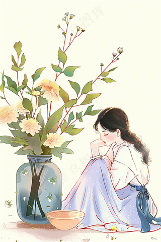 坐在花瓶子边上的少女插画背景