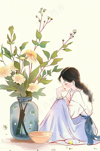 坐在花瓶子边上的少女插画背景