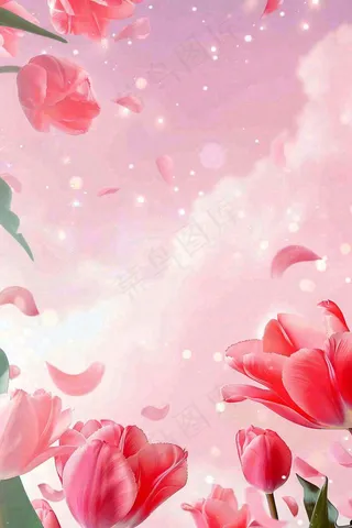 红色郁金香粉色背景浪漫七夕情人节插画背景