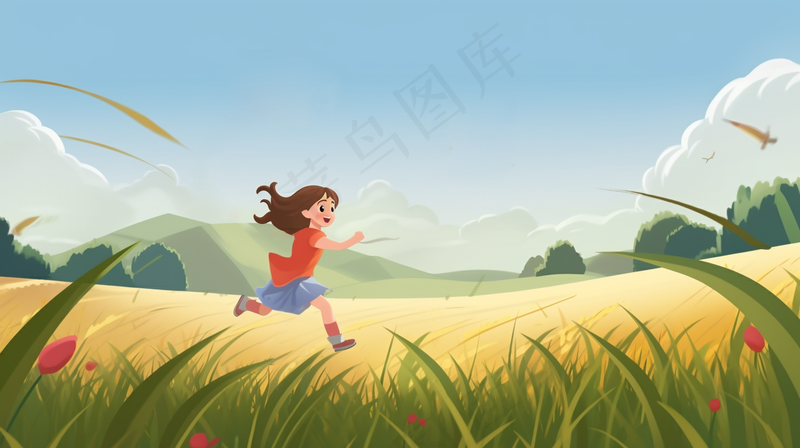草坪草地奔跑玩耍的孩童卡通插画背景(4368x2448)