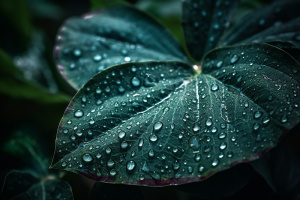 深绿色的叶子上的小水珠