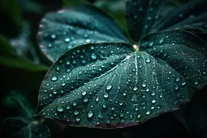 深绿色的叶子上的小水珠