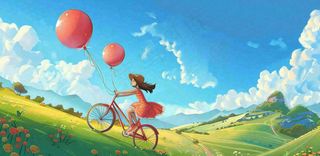 春夏踏青女孩骑自行车草原蓝天白云气球自由春分惊蛰卡通插画背景