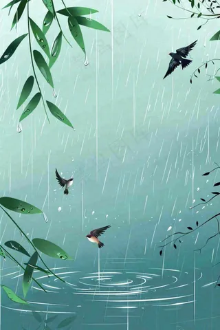春天大雨磅礴绿叶植物燕子雨滴敲打水面雨水谷雨卡通插画背景