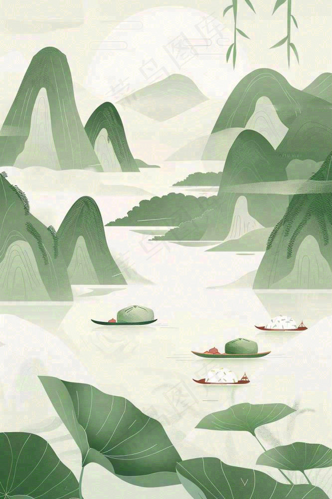 水墨画山水小船绿水青山清明端午插画背景(896x1344)