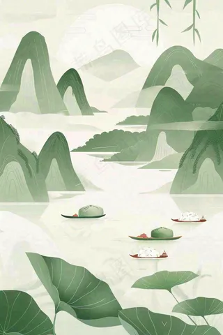 水墨画山水小船绿水青山清明端午插画背景