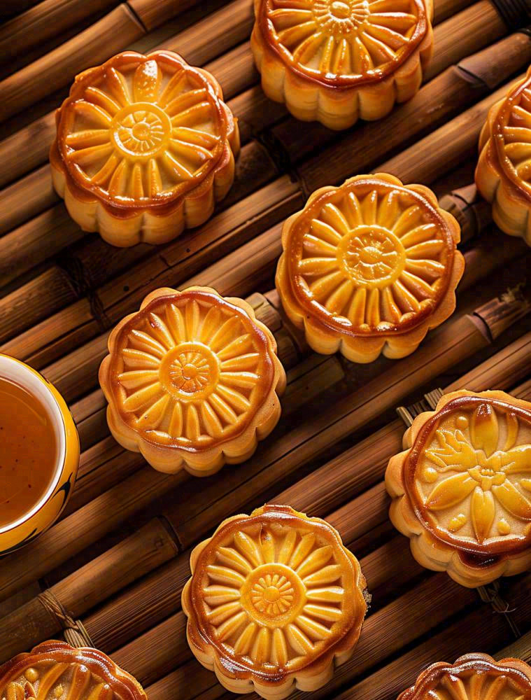 中国传统糕点月饼竹制托盘上的月饼中秋节木制背景摄影图