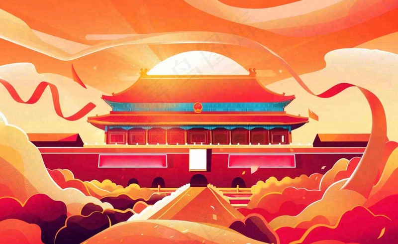 祖国繁荣昌盛插画*红色喜庆庆祝山河国庆建军建党国潮风插画背景(1408x864)