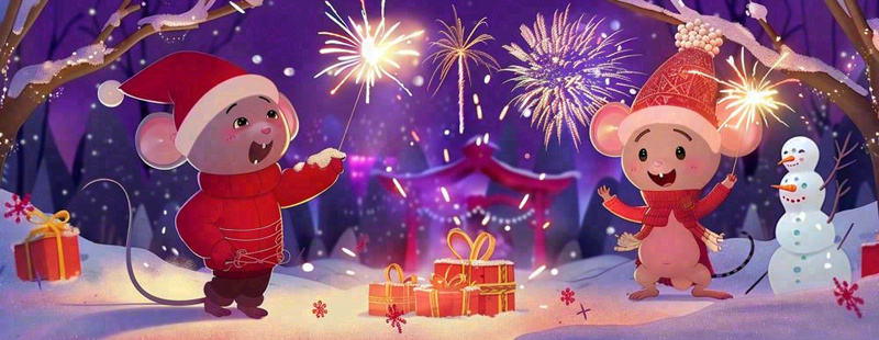 鼠年新年雪地放烟花的老鼠新年春节氛围热闹卡通插画背景(1568x608)