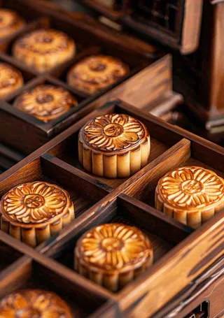 中国传统美食月饼中秋木质礼盒精美礼品摄影图
