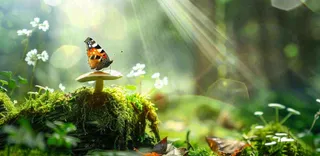 阳光斑驳下的蝴蝶苔藓蘑菇春天森林春分惊蛰摄影图