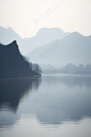 阴天山水倒影山水墨画古风背景黑白摄影图