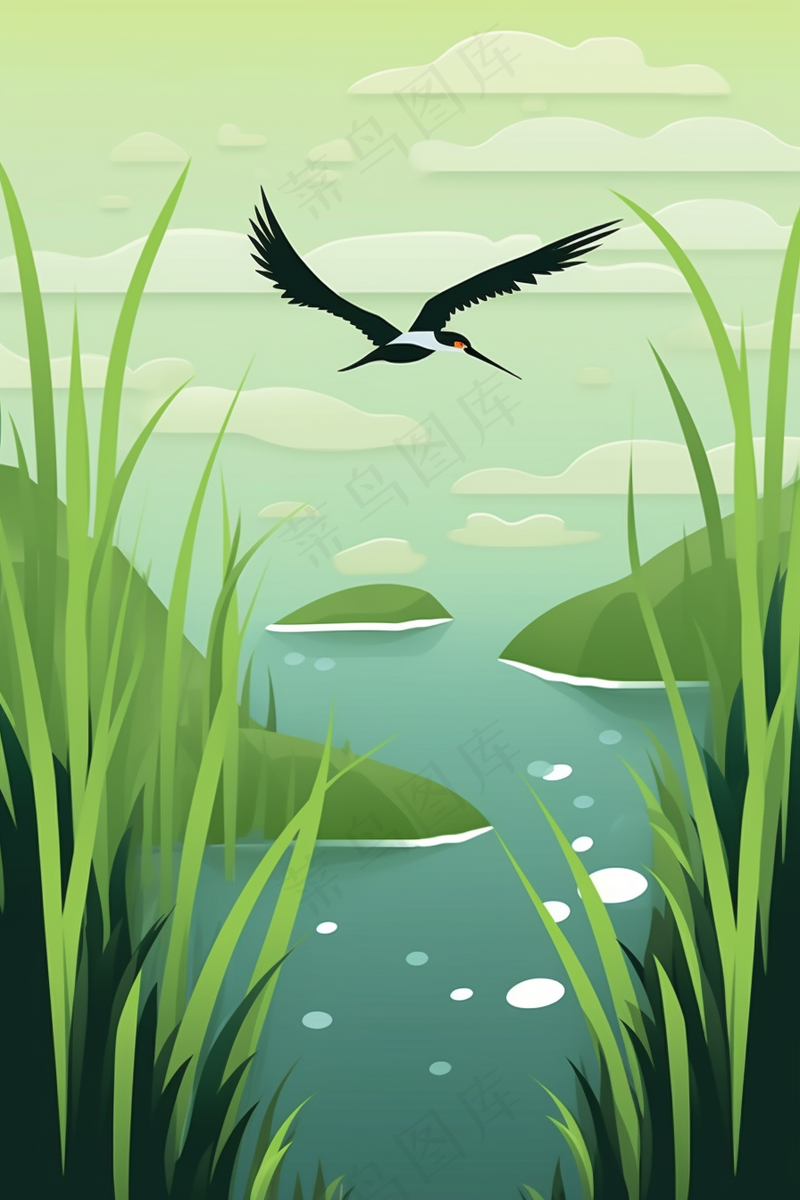 春天湿地绿意万物生长大雁绿色卡通插画背景(2688x4032)
