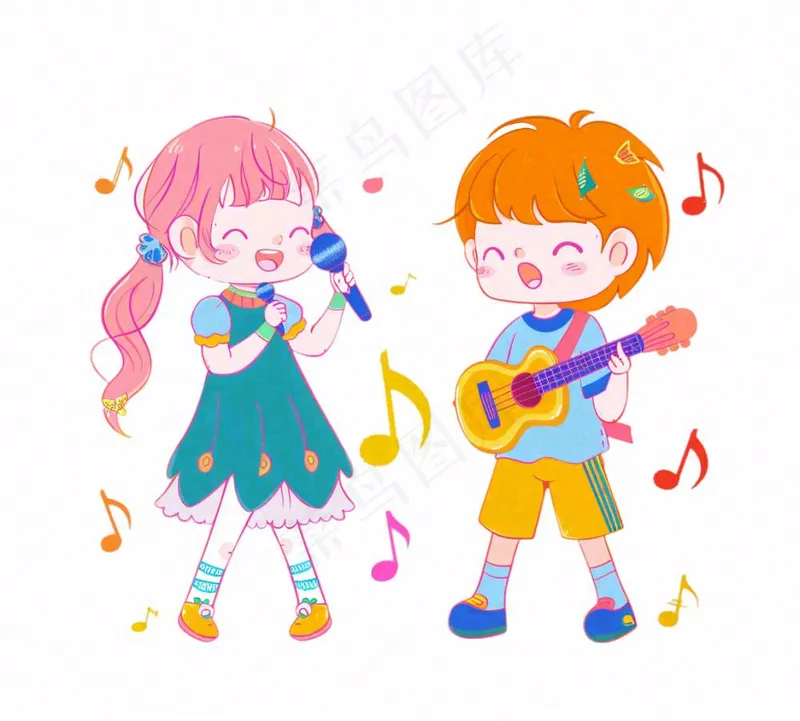 音乐会歌唱比赛儿童学生伴奏弹吉他潮流卡通插画免抠(1136x1024)