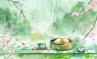 春天桃花春茶茶壶燕子清明山水国画中国风水墨插画背景茶文化采茶