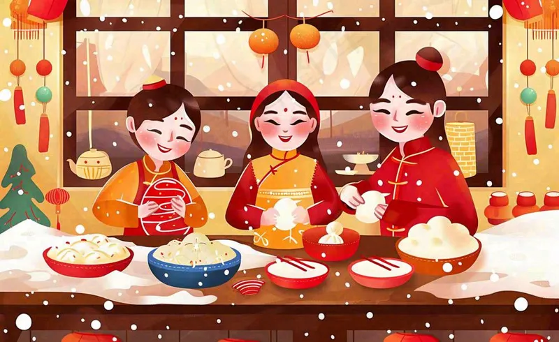 全家*色卡通手绘春节除夕初一全家人包饺子包子年夜饭冬至温馨插画背景(1408x864)