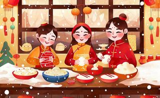 全家*色卡通手绘春节除夕初一全家人包饺子包子年夜饭冬至温馨插画背景