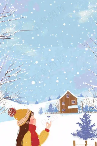 冬天白雪森林小木屋女孩赏雪风景帽子手套立冬冬至小雪大雪唯美卡通插画背景
