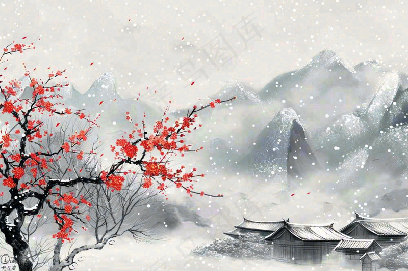 冬天山林里的小村庄红梅花白雪覆盖国风水墨画立冬冬至小雪大雪插画(1344x896)