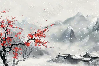 冬天山林里的小村庄红梅花白雪覆盖国风水墨画立冬冬至小雪大雪插画