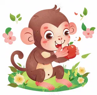 猴子吃苹果丛林植物动物卡通插画免抠