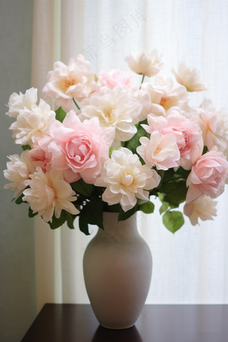 白粉花玫瑰鲜花花瓶家居摄影图
