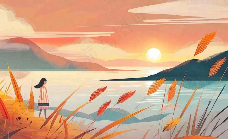 秋天夕阳下山水飞鹤女孩芦苇白露寒露插画背景(1408x864)
