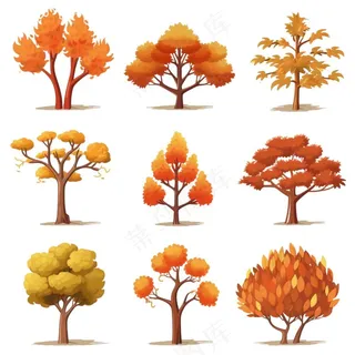 秋天黄了树木卡通插画元素免抠