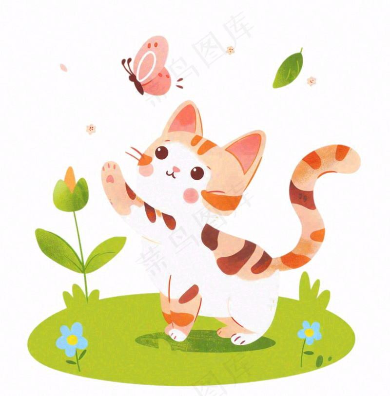 可爱的猫咪宠物草丛扑蝴蝶卡通插画免抠