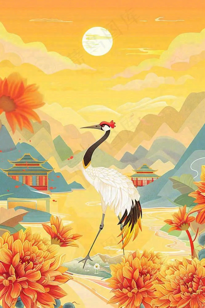 国潮风金秋菊花山水丹顶鹤中秋重阳节中国风插画背景(896x1344)