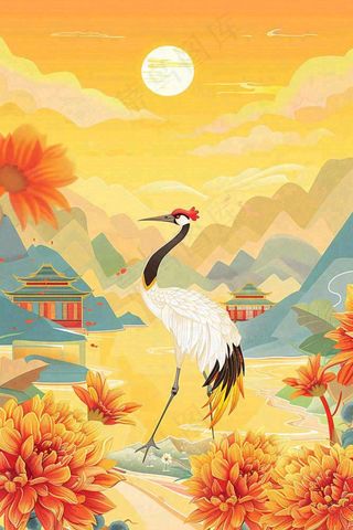 国潮风金秋菊花山水丹顶鹤中秋重阳节中国风插画背景