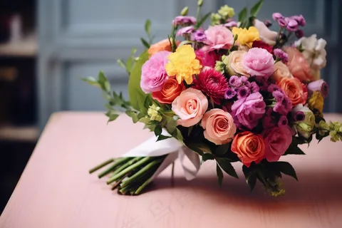 手捧花桌上的花束摄影图