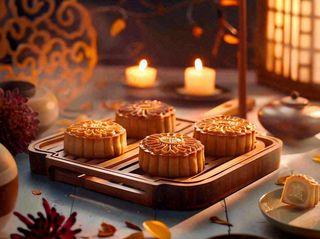 月饼中秋美食蜡烛节日氛围装饰摄影图