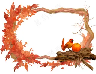 秋季南瓜作物枫叶边框感恩节黄色卡通插画免抠