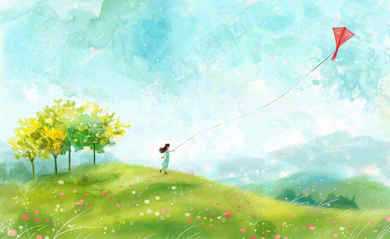 春天插画春天放风筝插画唯美桃花风筝植物春分春季山水风插画背景(1408x864)