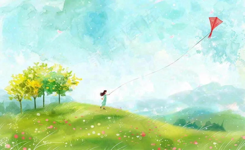 春天插画春天放风筝插画唯美桃花风筝植物春分春季山水风插画背景(1408x864)