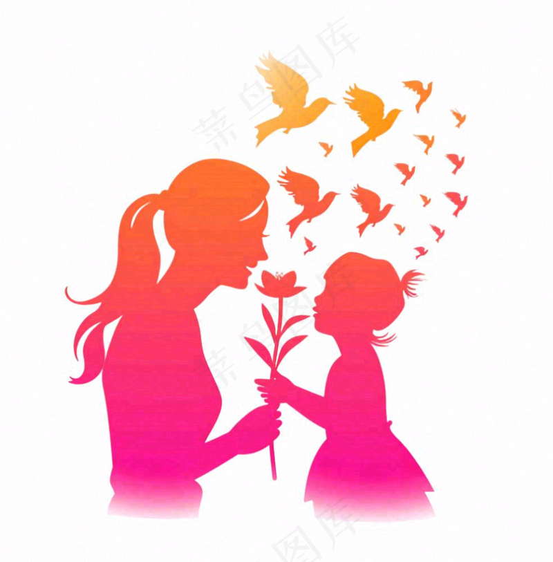 母亲节送花女儿给妈妈剪影亲情人物插画免抠