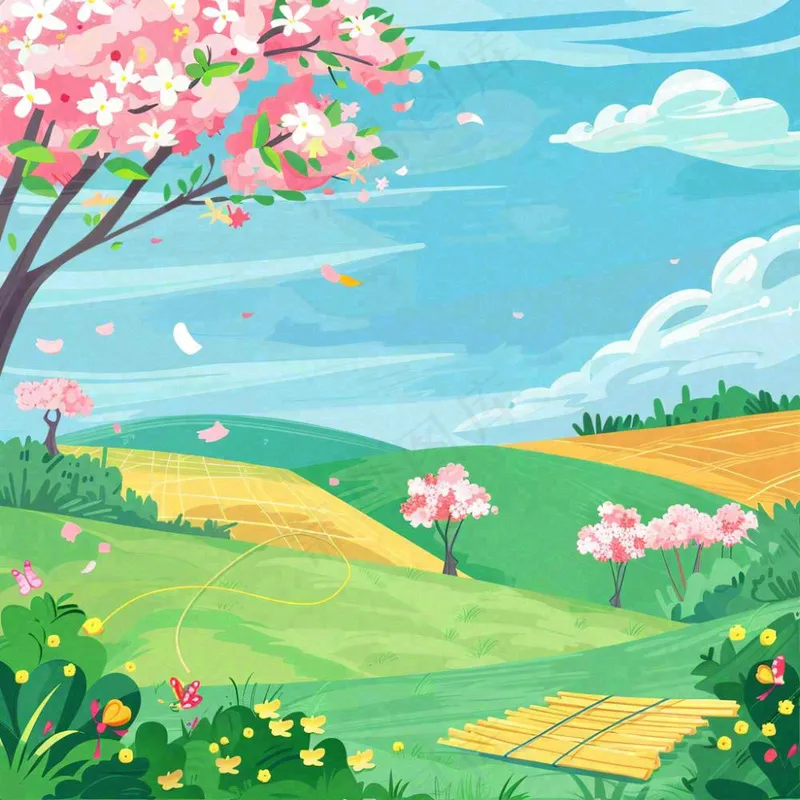 春天春游野餐桃花草丛春分惊蛰插画背景(1024x1024)