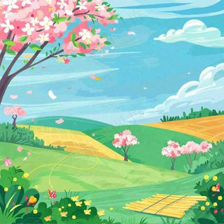 春天春游野餐桃花草丛春分惊蛰插画背景