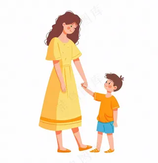 妈妈牵着小孩母子母亲节人物卡通插画免抠