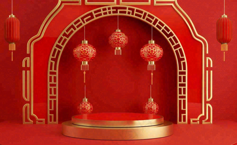 红金创意拱门喜庆新年扇子灯笼C4D展台背景春节背景