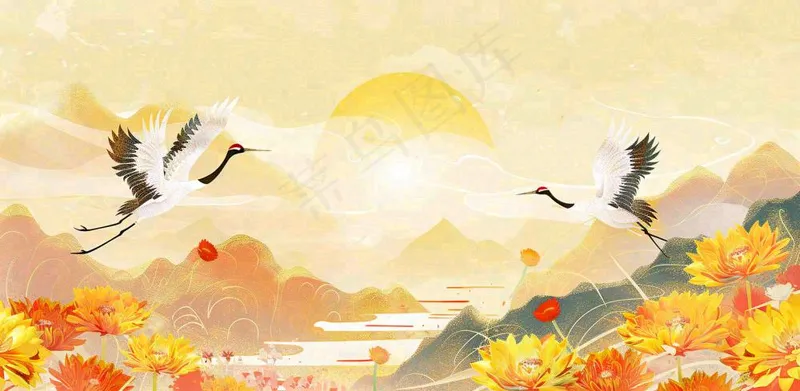 国潮风重阳菊花仙鹤山水场景插画中秋背景(1568x768)