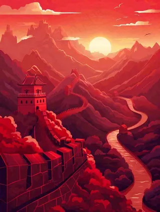 万里长城中国山河红色北京旅游景点八一建军节红色文化卡通插画背景