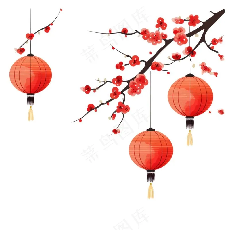 新年梅花枝条挂红灯笼喜庆红色卡通插画免抠(1024x1024)