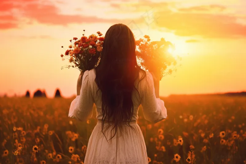 夕阳少女拿着花束走在花丛中晚霞落日美景摄影图(4032x2688)