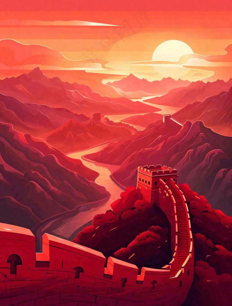万里长城中国山河红色北京旅游景点八一建军节红色文化卡通插画背景(960x1264)