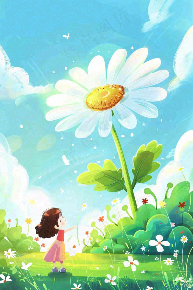 夏天插画手绘夏日风景立夏夏至节气炎热雏菊花朵卡通少女卡通(896x1344)