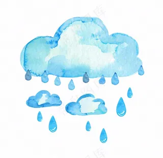 乌云下雨天气水彩卡通插画免抠